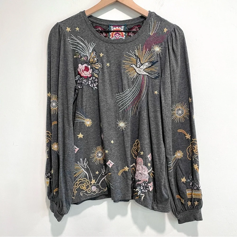 Johnny Was Selah Cuffed Puff Long Sleeve Embroidered Floral Celestial Bird Top